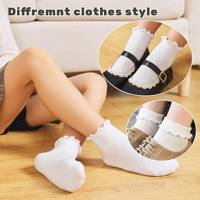 6 Pairs Toddler Ruffle Socks for Girls - Baby Grip Socks with Non-Slip, Cute Grippy Frilly Design