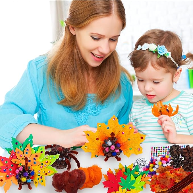 Tugaizi Thanksgiving Pinecone Turkey Craft Kit for Kids, 20 Sets Fall Autumn Turkey DIY Art and Craft Kit for Classroom Project Supplies Thankful Dinner Activity and Table Centerpiece Decorations