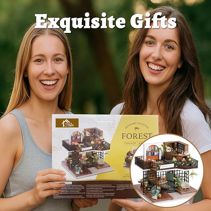Flever Dollhouse Miniature DIY House Kit Creative Room with Furniture for Romantic Artwork Gift (Forest Teashop)