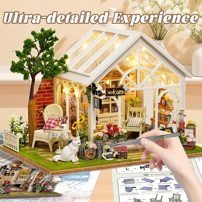 Flever DIY Miniature House Kit, Tiny Home Kit with LED Light, Mini House Build Craft Kits for Adults and Teens, Home Decor Creative Gift for Family/Friends (Sunshine Greenhouse)