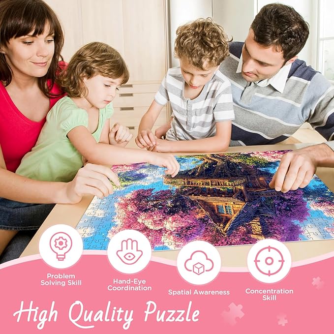 500 Piece Puzzle for Adults Puzzle, Pink Tree House Jigsaw Puzzle 500 Pieces, Colorful Flower Jigsaw Puzzles for Adults Seniors, Challenging Family Games Holiday Party Gifts 20.5×15 in