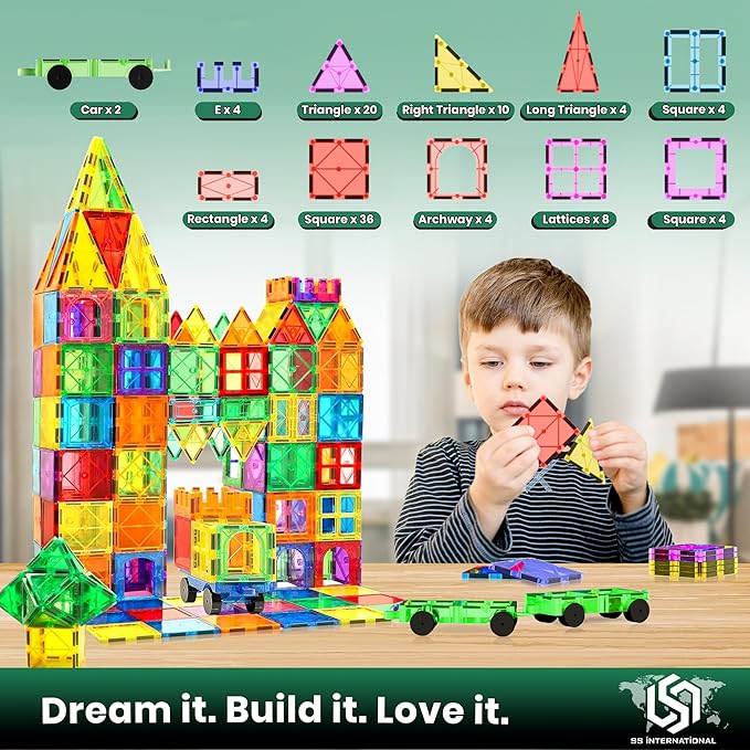 3D Magnetic Tiles 100 Pcs with 2 Cars, Magnet Building Blocks Construction Set, Magnetic Toys for Kids Ages 3-9, Educational STEM Learning Magnet Tiles with Cars