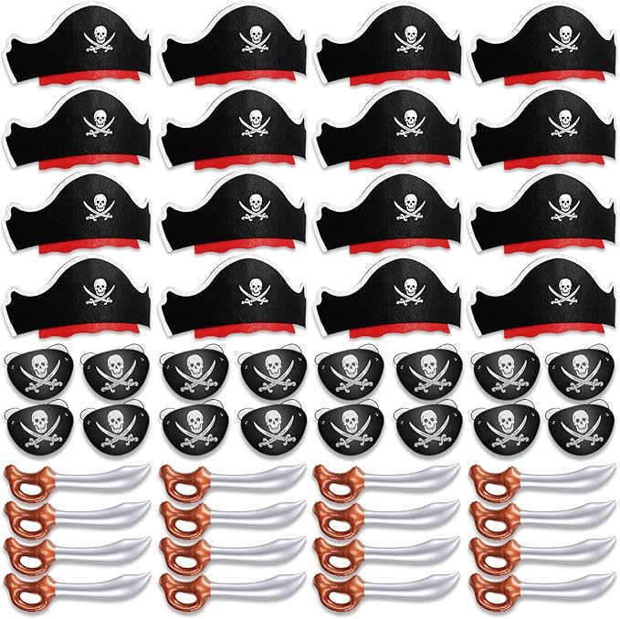 Legigo 48 Pcs Funny Pirate Party Set- Include 16 Pirate Hats, 16 Eye Patches, 16 Inflatable Swords for Pirate Party Cosplay Caribbean Dress Accessories