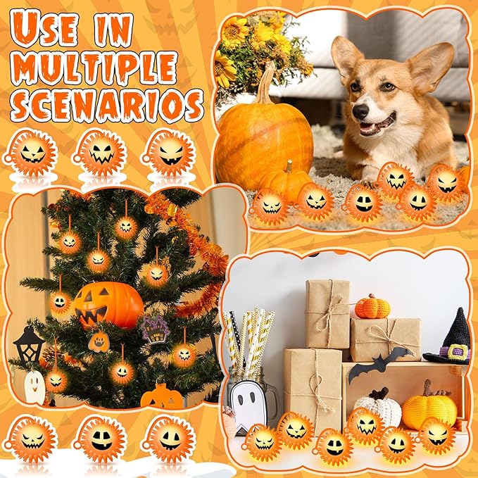 Sotiff 30 Pcs LED Halloween Pumpkin Stress Bouncy Light up Balls Spiky Squeaky Rubber Sensory Ball for Halloween Holiday Decors Gift Bag Stuffers Party Favor Fillers