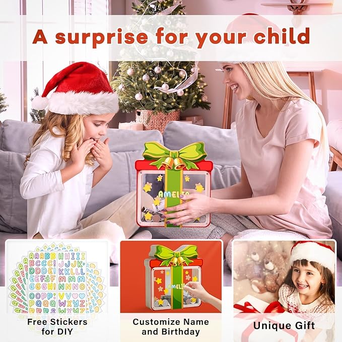 Wooden Christmas Piggy Bank for Kids, Gift Box Piggy Bank with Acrylic Panels, Unbreakable Toddler Money Box for Boys Girls, DIY Kids Safe Coin Bank with Letter Sticker