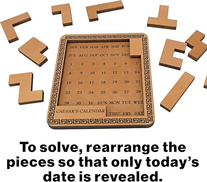 Project Genius Caesar's Calendar Wood Puzzle-A-Day Challenge, 365+ Solutions, Brainteaser Gift for Adults and Kids 8+, True Genius Office Desk Calendar Inspired by Roman Artifact