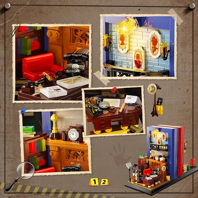 Detective Bookend Building Set with Lights, 1241 PCS Detective Agency Street House Building Block Kit for Home Decor Bookshelf, Collectible Mystery Bookstand Model for Adults Boys Girls Age 12+