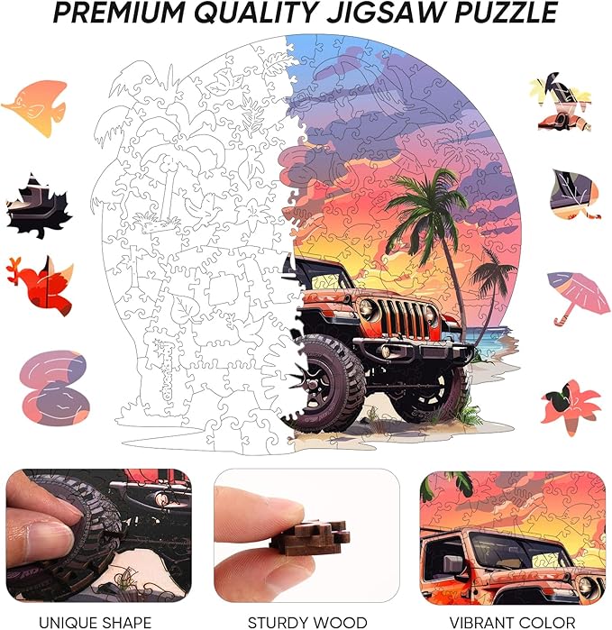 Wooden Puzzles Seaside Car, 200pcs, 12.4x11.4in, Wooden Puzzles for Adults, Unique Shape Animal Adult Puzzles, Irregular Wood Puzzles Best Gift for Adults Family Game