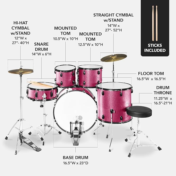 Best Choice Products 5-Piece Full Size Complete Adult Drum Set w/Cymbal Stands, Stool, Drum Pedal, Sticks, Floor Tom - Pink Sparkle