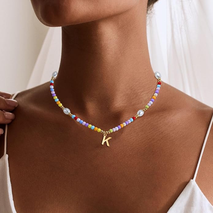 Colorful Initial Necklace for Girls Kids Women, Handmade 14K Gold Plated Colorful Initial A-Z Letter Necklace Teen Girls Gifts Trendy Stuff Birthday Gifts for 5 6 7 8 9 10 11 Year Old Girl Gift