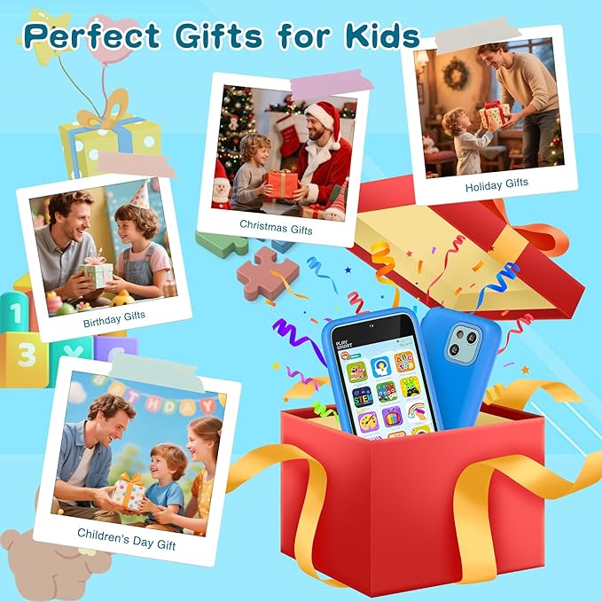 Kids Toy Phones with Dual Camera, Learning Toys Phones Gifts for Kid 3-12 with 200+ Educational Puzzle Games, 4" Touchscreen Rechargeable Blue Child Smartphones with Parental Control