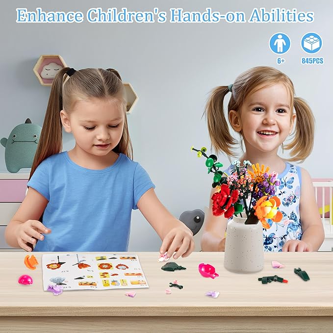 DIY Flower Bouquet Building Set, 845PCS Botanical Collection Building Toy for Kids, Girls, and Women - Perfect for Home Office Decor, Mother's Day, Valentine's Day, Birthdays