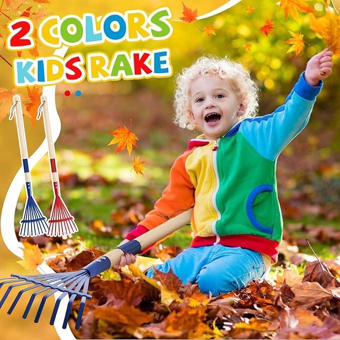 Suclain 2 Pcs Kids Rake with Hardwood Handle Small Child Size Multicolor 28'' Mini Rake for Leaves Lightweight for Children Garden Leaf Yard Tools Gifts
