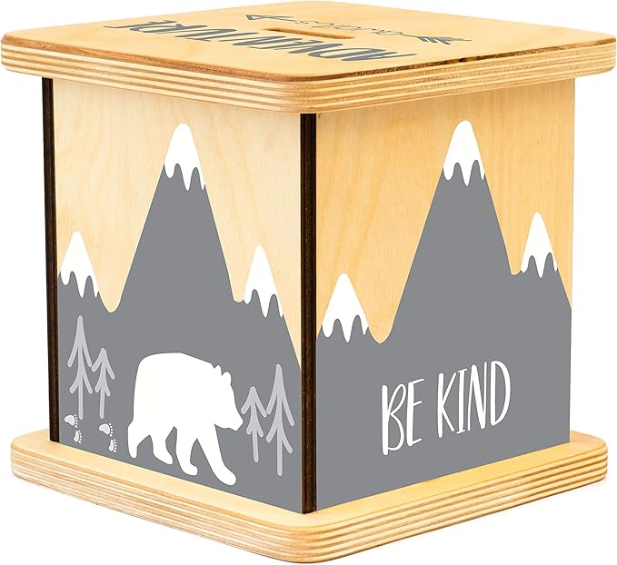 Wooden Piggy Bank for Kids and Adults, Personalized Gift Handmade in USA by BloomOwl, Custom Piggy Bank, Personalized Banks for Kids, Gifts for Baby Boys and Girls (Bear and Mountain)