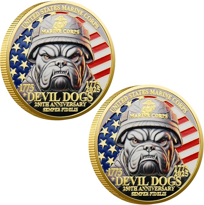 USMC 250th Anniversary Challenge Coin – Double-Sided Marine Corps Commemorative with Bulldog & Iwo Jima – Military Gift for Veterans & Collectors (2PCS)