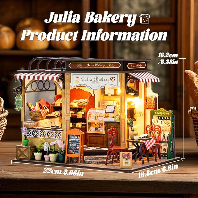 Fsolis DIY Miniature House Kit - 3D Wood Puzzles Craft Kit for Adults Tiny House Building Kit Mini Home Diorama Kit with Furniture Gifts for Women Teenagers (Julia Bakery)