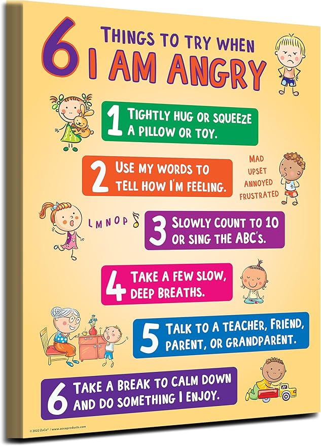 ZOCO – 6 Anger Control Strategies Posters (20-Pack) – Calm Down and Manage Emotions for Toddlers – Classroom Behavior Management for Preschool, Daycare, and Homeschool – Made in USA