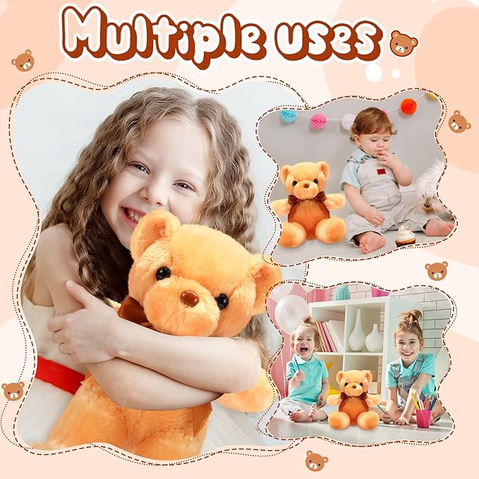 HyDren 6 Pcs Bear Stuffed Animal Plush Toys Soft Plush Dolls Bear Sleeping and Playing Toys for Baby Shower Decoration Boy(Short Plush,Brown)