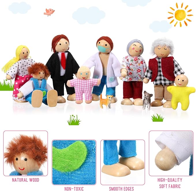 Skylety 10 Pcs Wooden Dollhouse Set of Mini People Figures Dollhouse Dolls Wooden Doll Play Figures Accessories(Rustic Style)