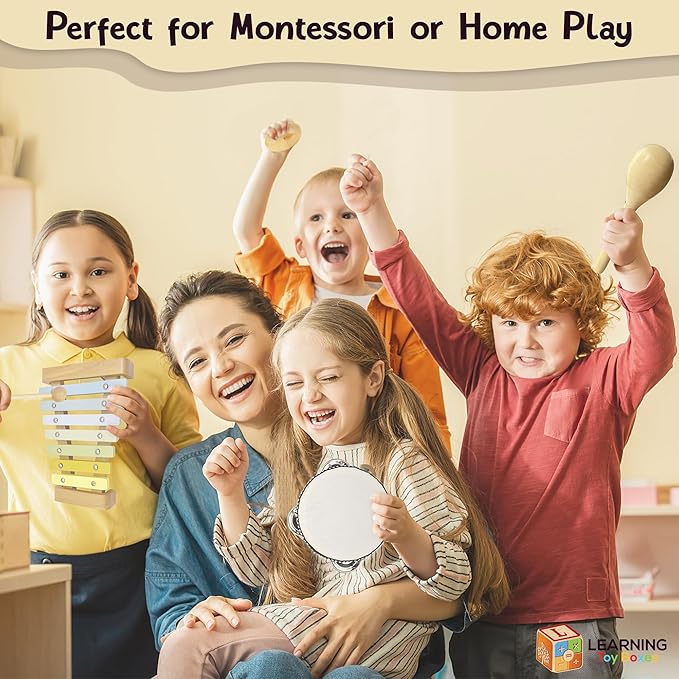 Natural Wood Baby Toys - Musical Toys for Toddlers 1-3: Toddler Musical Instruments Set of 5 in 1, with a Tambourine, Egg Shaker, Castanet, Maracas and Xylophone for Kids at All Ages