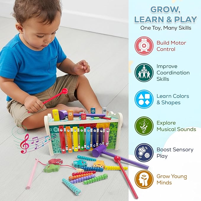 Montessori Wooden Hammering Toy – 6-in-1 Xylophone, Pound Bench, Shape Sorter & Learning Tool for Toddlers | Educational Musical Toy for Boys & Girls Ages 1–5 | Develops Motor Skills & Sensory Play