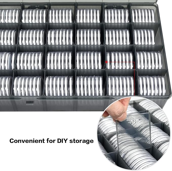 FULLCASE Coin Capsules 46mm with Foam Gasket and Plastic Storage Organizer Box, 6 Sizes (20/25/27/30/38/46 mm) Coins Collector Case Holder for Collection Supplies-168 Pieces(Light Grey)