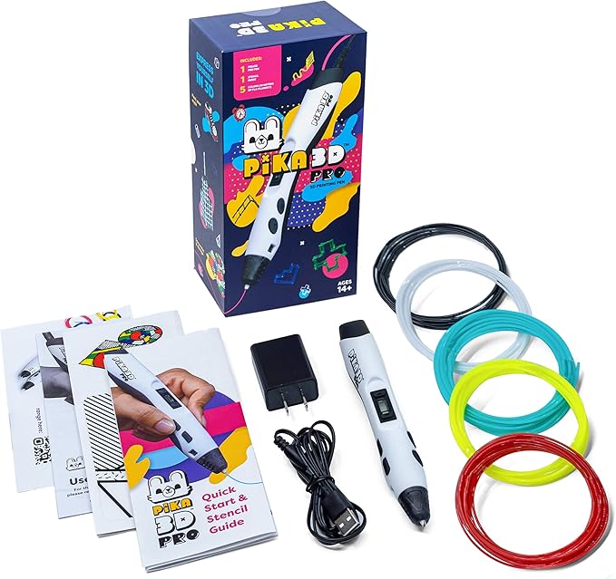 PIKA3D PRO 3D Printing Pen - Includes 3D Pen, 5 Colors of PLA Filament Refill with Stencil Guide and User Manual, White