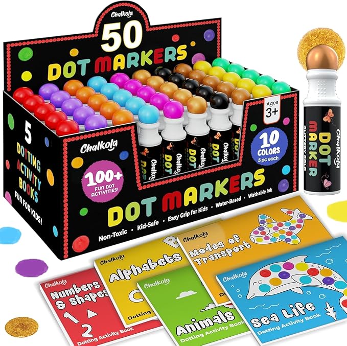 Chalkola 50 Dot Markers Bulk Classroom Pack (10 Colors W/Gold, 5 Activity Books) | Washable Bingo Daubers for Kids Toddlers Ages 1 2 3 4 5 - Art & Craft School Supplies for Preschool, Kindergarten