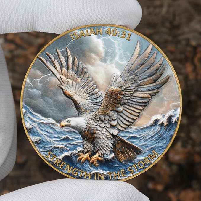 5Pcs 1.57 Inch Zinc Alloy Double-Sided 3D Eagle Challenge Coin - Colorful Inspirational Design with Isaiah 40:31, Strength in The Storm Theme(Pack of 5)
