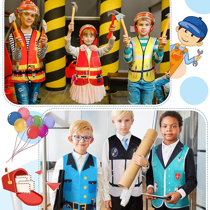 Haysandy 20 PCS Kids Dress Up Vest Community Helper Costumes Kids Role Play Career Cosplay Clothes for Toddlers Pretend and Play Halloween Costume Doctor Police Fireman Construction, Birthday Gifts