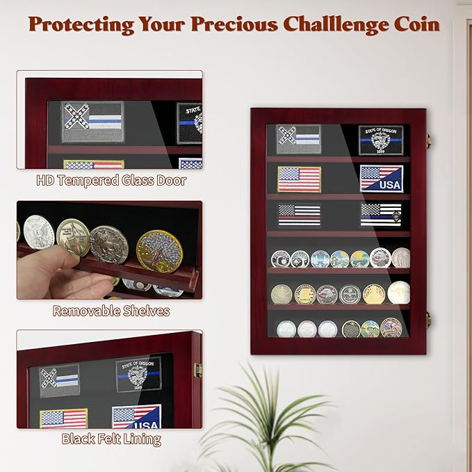 Military Challenge Coin Display Case 6 Rows Wooden Army Coin Holder with HD Tempered Glass Lockable Coin Wall Dsplay Box with Removable Shelves, Red