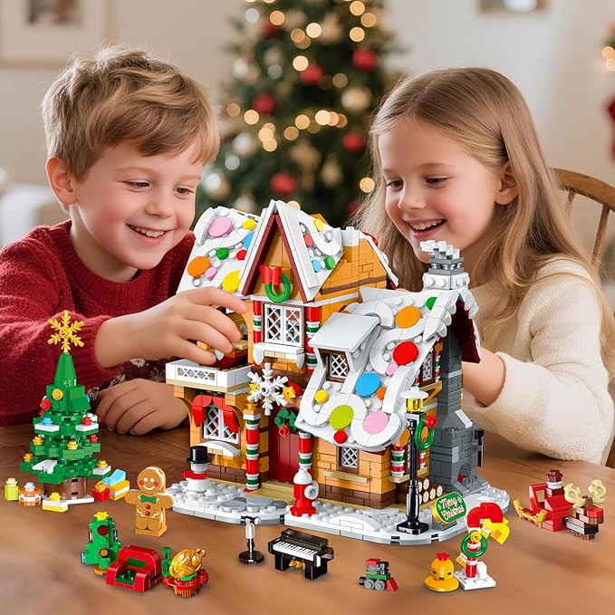 2025 Christmas 3 Style Gingerbread House Building Set with Light - 1477PCS Christmas Village Castle Building Block Toy with Santa Claus Xmas Tree Train for Adults Kids Girls Boys Ages 6+