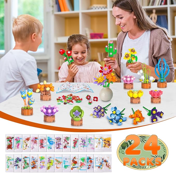 24 Pack Flowers Party Favors for Kids Building Set - 827PCS Succulents 3.6MM Mini Building Blocks Toy for Easter Basket Stuffers, Classroom Prizes, Mother's Day Birthday Gift for Girl Boy Ages 6+