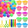 91 Pcs Fine Motor Skill Toys Include 75 Spiky Hedge Balls, 2 Scissors Clips, 4 Plastic Tweezers, 10 Assorted Colors Sorting Silicone Cups for Early Education Counting Skill Training