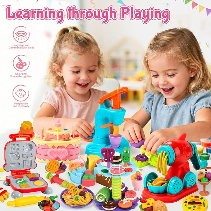 99 PCS 5 in 1 Dough Sets for Kids Ages 3-4-8, Art Crafts Dough Tools Kit, Ice Cream Playset Noodle Hamburger Cake Maker Machine, Dessert Rack, Kitchen Creations Food Play Toys Toddlers Boys Girls