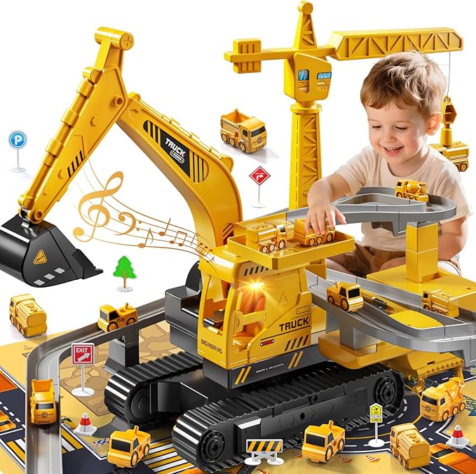 Construction Excavator Toys for Boys 3-5 Year Old - Engineering Digger Race Tracks with Excavator Crane, Car Sand Toys with Light Sound, Birthday Gifts for Toddlers Boys Girls Age 3 4 5 6