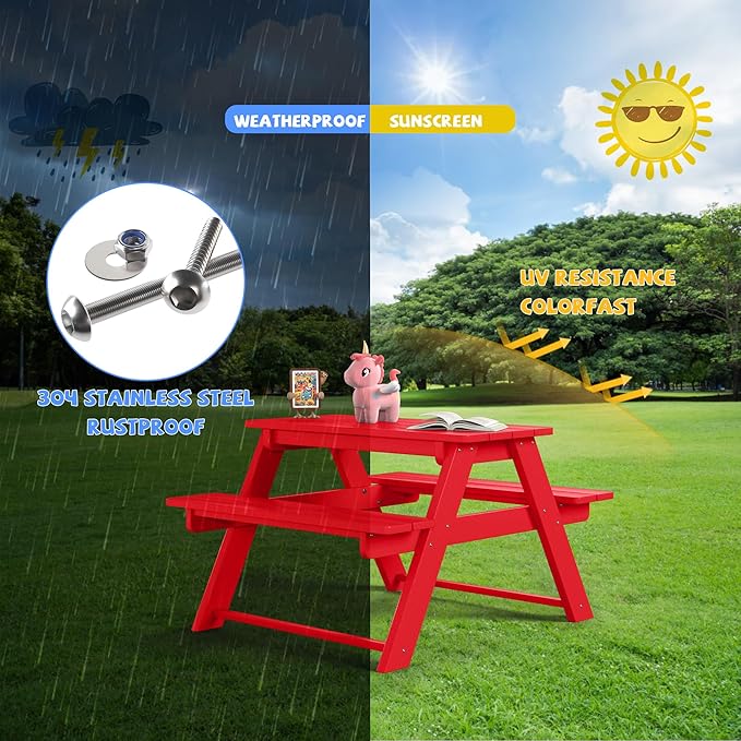 Costaelm Kids Picnic Table, HDPE All Weather Outdoor Toddler Picnic Table and Chair Set Kids Bench for Patio, Backyard, Garden, Lawn, Red