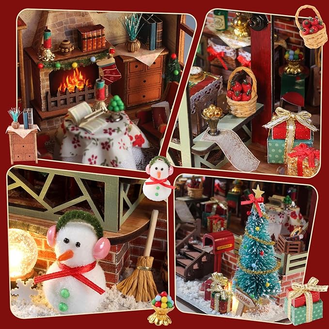 Christmas Miniature Dollhouse Kit, DIY Miniature House Kits for Adults, Mini Model Building Sets with Furniture, Snowman and Christmas Tree, Wooden House Kit Decoration Gift