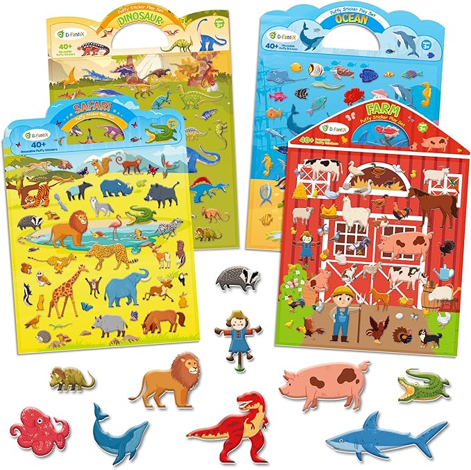 D-FantiX 3D Puffy Stickers for Kids Ages 4-8, Reusable Sticker Books for Toddlers 2-4 Years, Farm Dinosaur Ocean Safari, Car Road Trip Activities, Airplane Travel Toys, Birthday Gifts for Boys Girls