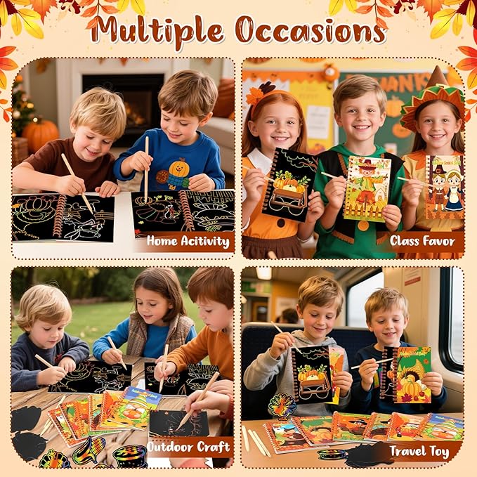 24 Pack Thanksgiving Scratch Art Party Favors for Kids - Rainbow Scratch Paper with Fall Party Scratch Off Cards Pumpkin Birthday Goodie Bag Stuffers - Return Gifts DIY Classroom Prize