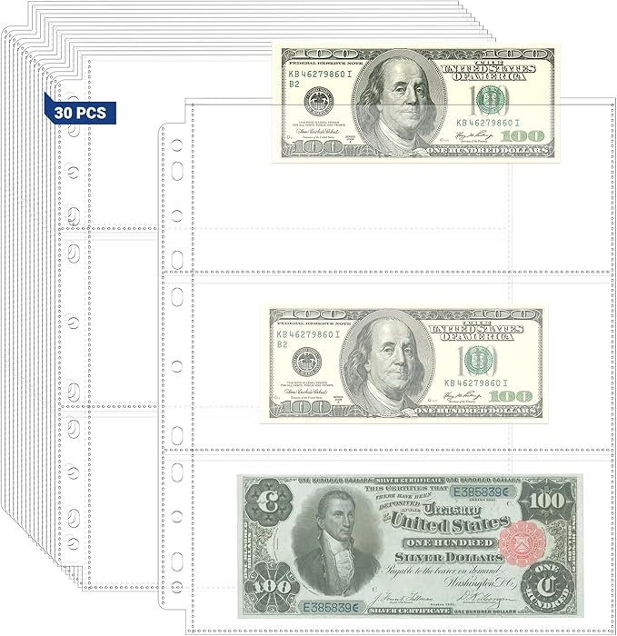 90 Pockets Acid Free Currency Sleeves, Non Stick and Non Glare Dollar Bill Sleeves for Collecting Cash, Banknotes or Coupons, Fit for 3 Ring Binder Currency Album, 30 Pack