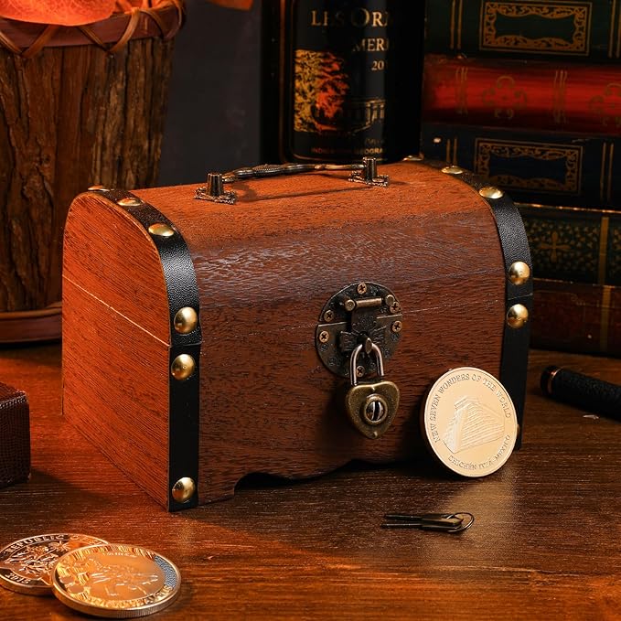 TOYANDONA Wooden Piggy Bank - Wood Treasure Chest with Lock and Key - Small Wooden Box Vintage Coin Bank Money Saving Box for Home Decor