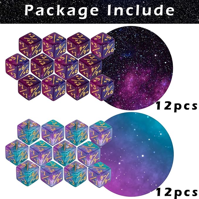 24 Pieces MTG Dice Counters Plus 1 Counter D6 Dice Set Life Tokens for MTG TCG Magic Cards Game Accessories, Blue&Purple