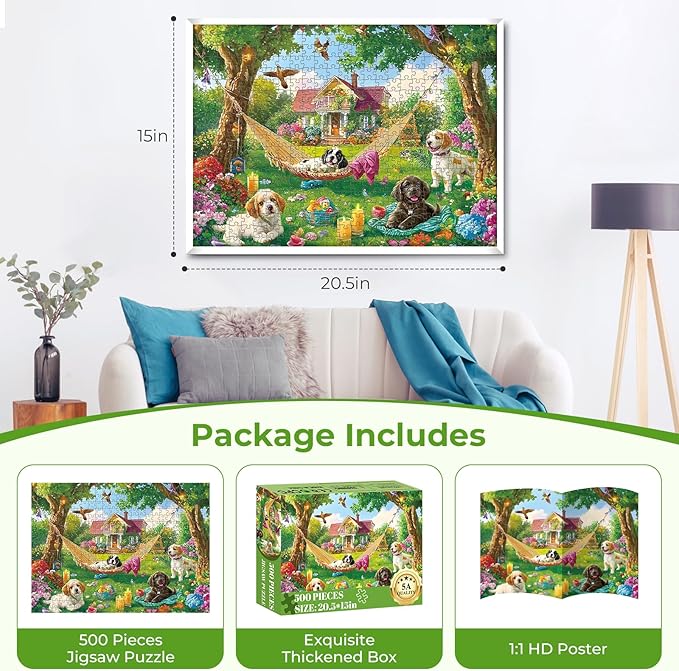 Puzzles for Adults 500 Pieces,Cute Puppy & House Puzzle for Adult,500 Pieces Fun Dogs Jigsaw Puzzles for Kids Adults Seniors Teens,Challenging Family Games Giving Puzzles,20.5x15 in