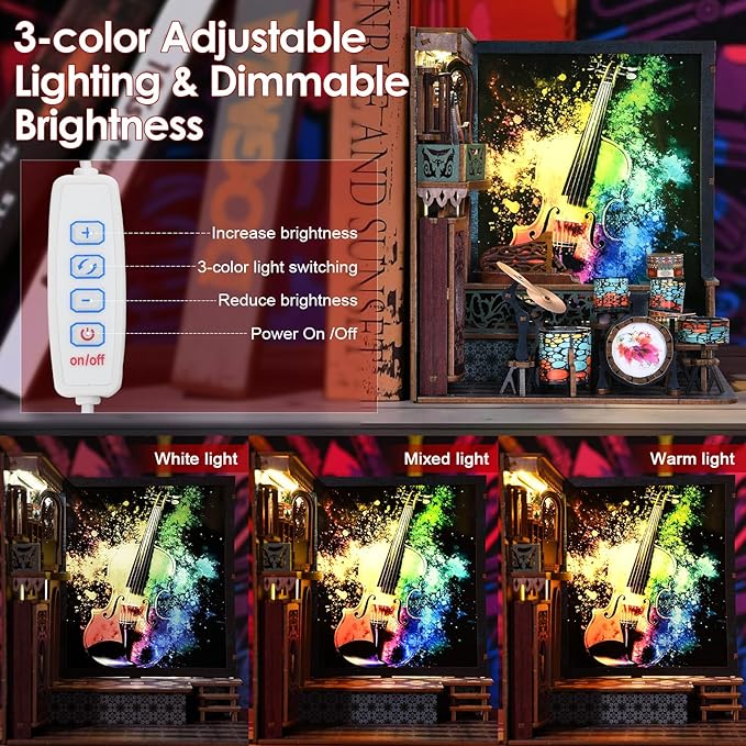 DIY Book Nook Kit, Miniature Bookshelf Decor with LED Lights, Laser-Cut Wooden Craft Set for Adults, Creative Gift for Christmas, Birthday, Music House