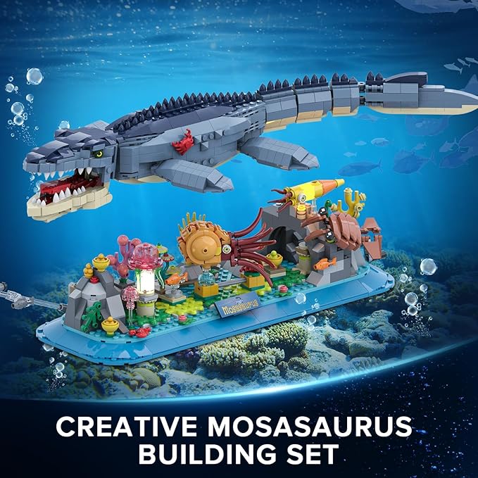 Mosasaurus Building Set with LED Light, 1219 PCS Movable Ocean Animal Building Block Toy with Nautiluses Jellyfish Squid Coral Reef, Ancient Reptile Home Decor Gift for Adults Teens Boys 12+