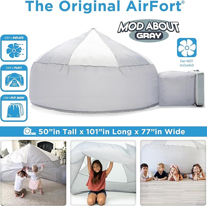 The Original Patented AirFort - Build A Fort in 30 Seconds, Inflatable Fort for Kids, Play Tent for 3-14 Years, A Playhouse Where Imagination Runs Wild, Fan not Included (Mod About Gray)