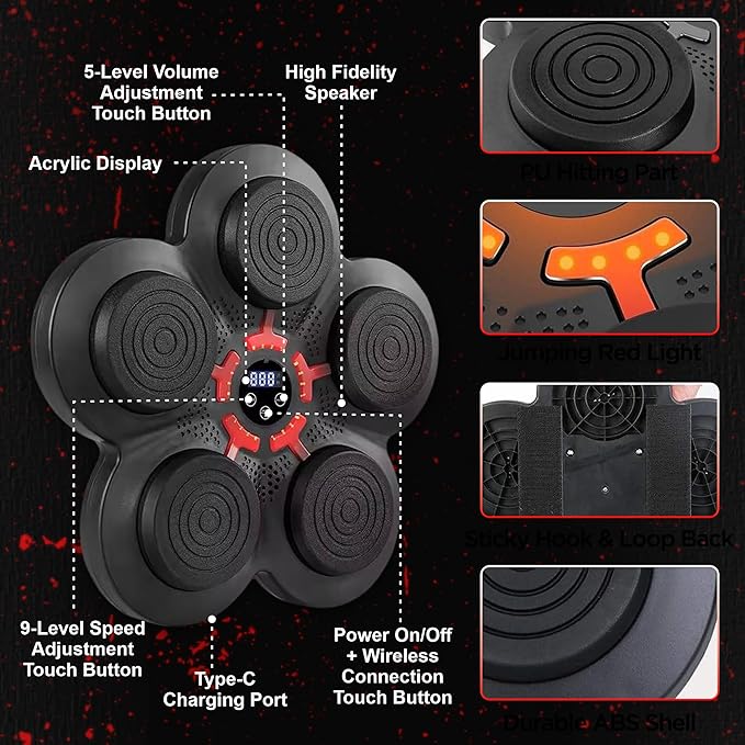 Music Boxing Machine - Bluetooth Wall Punching Pad with LED, Fun Training Equipment for Kids & Adults, Home Boxing Wall Punching Pad with Gloves, for All Ages - Ideal Present by RedRoko