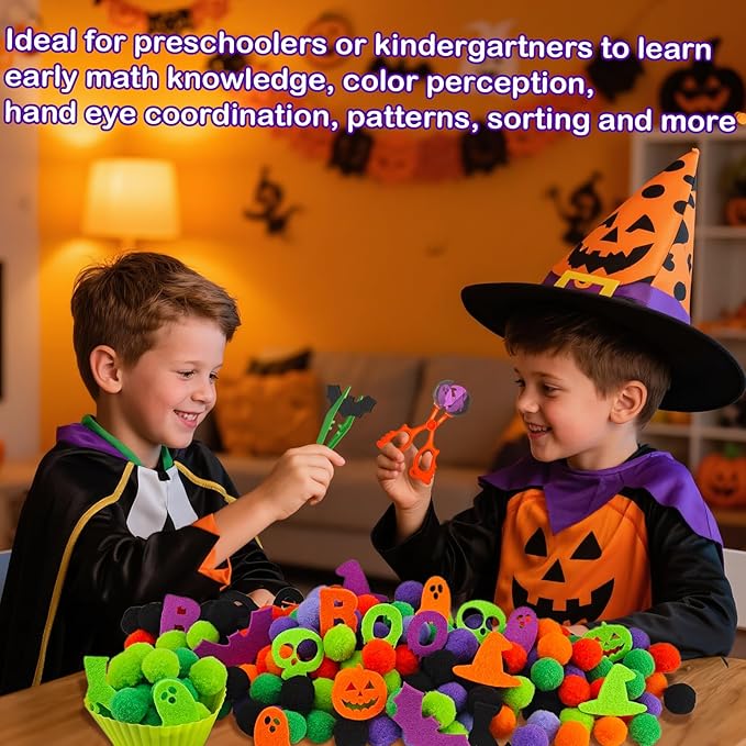 213 Pcs Halloween Felt Sensory Bin Filler Sensory Bin Items Fine Motor Toys Counting Sorting 100 Pom Pom 100 Felt Bat Ghost Pumpkin 8 Sorting Cups for Halloween Sorting Counting Training