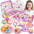 Kids Tea Party Set for Little Girls, Flower Toy Tin Tea Set with Carry Case, Dessert Play Food Tea Cup Set Teapot Girl Jewelry, Birthday for Girls Kids 3 4 5 6 7 Years Old